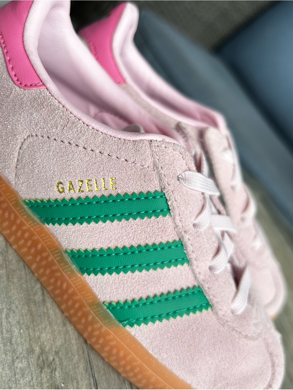 adidas Kids Gazelle Pink Suede Sneakers with Green Stripes